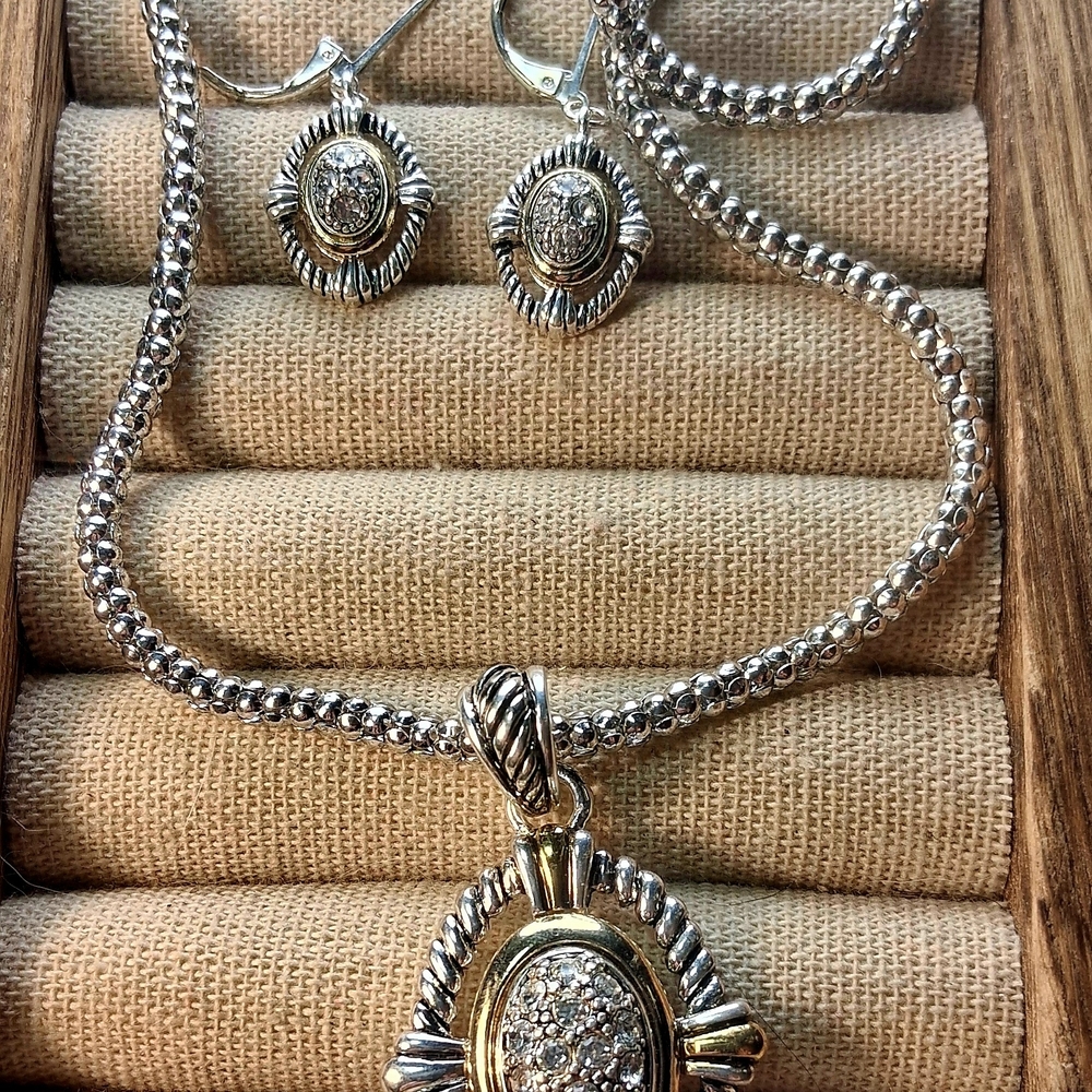 Two-Tone Silver & Gold Oval Pendant Necklace with Matching Earrings
